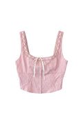 Yanet Collection Shop pink sleeveless crop top with delicate lace trim neckline, pleated front, and white ribbon tie.