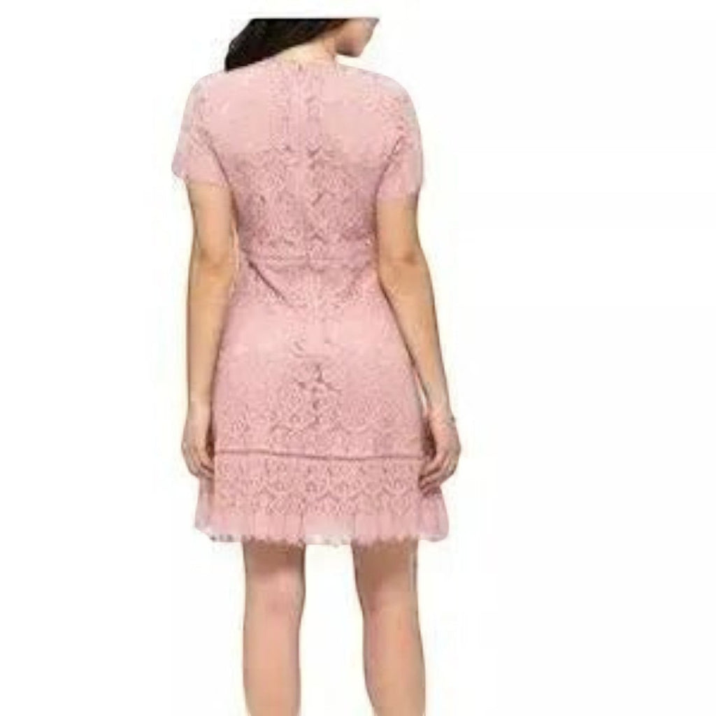 Yanet Collection Shop pink lace knee-length dress with short sleeves and scalloped hem, back view