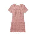Yanet Collection Shop pink lace short sleeve dress with a fitted silhouette and elegant scalloped hem detail.