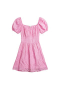Yanet Collection Shop pink mini dress with puff sleeves, square neckline, and gathered bodice detail.