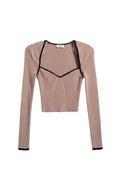 Yanet Collection Shop dusty pink long sleeve ribbed crop top with black contrast trim and sweetheart neckline
