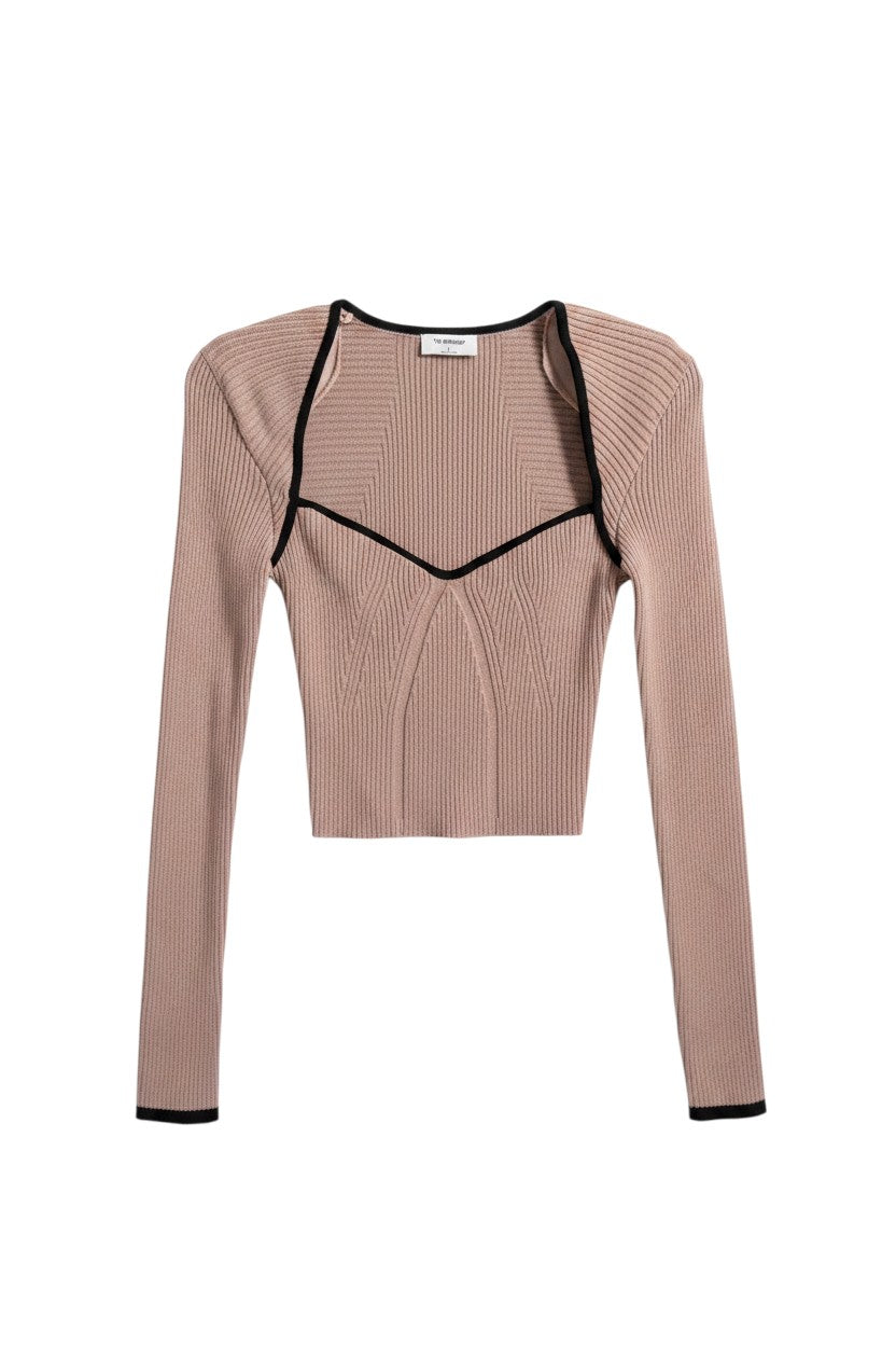 Yanet Collection Shop dusty pink long sleeve ribbed crop top with black contrast trim and sweetheart neckline