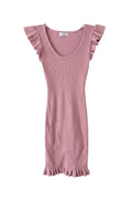 Yanet Collection Shop pink ribbed sleeveless bodycon dress with a scoop neckline and playful ruffle hem detail.