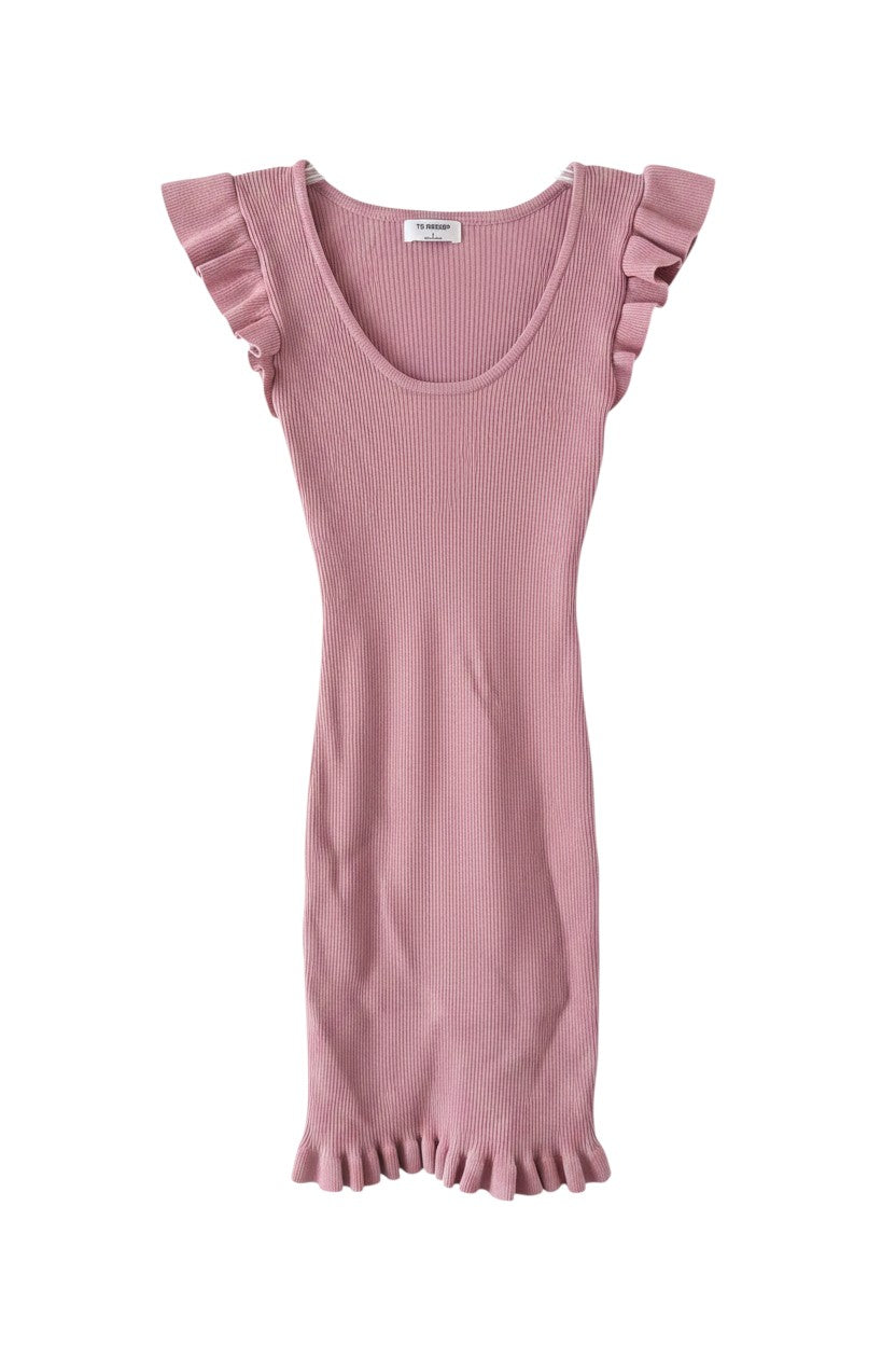 Yanet Collection Shop pink ribbed sleeveless bodycon dress with a scoop neckline and playful ruffle hem detail.