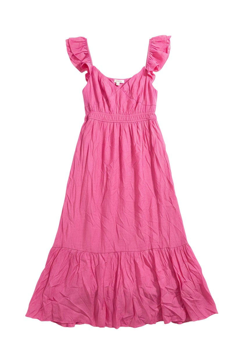 Yanet Collection Shop hot pink maxi dress with flutter sleeves, a smocked waist, and a tiered ruffled hem.