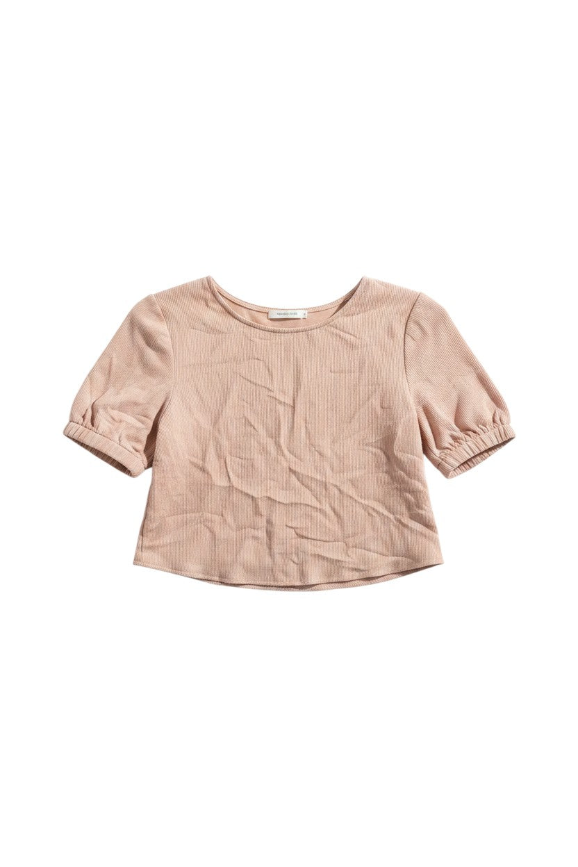 Yanet Collection Shop pink textured top with short puff sleeves and a round neckline in a relaxed fit.