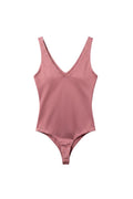 Yanet Collection Shop pink sleeveless v-neck bodysuit in soft stretchable fabric with a form-fitting silhouette.