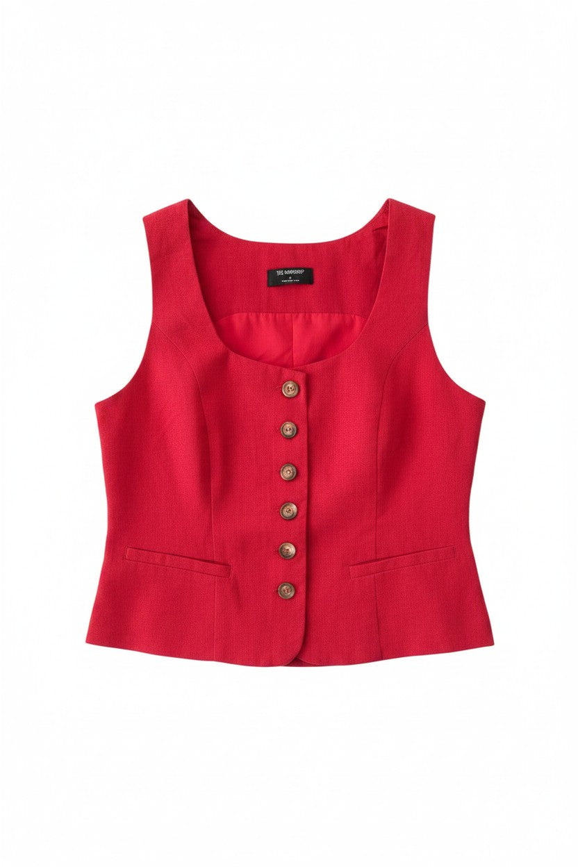Yanet Collection Shop red sleeveless button-up vest with a square neckline and tailored fit.