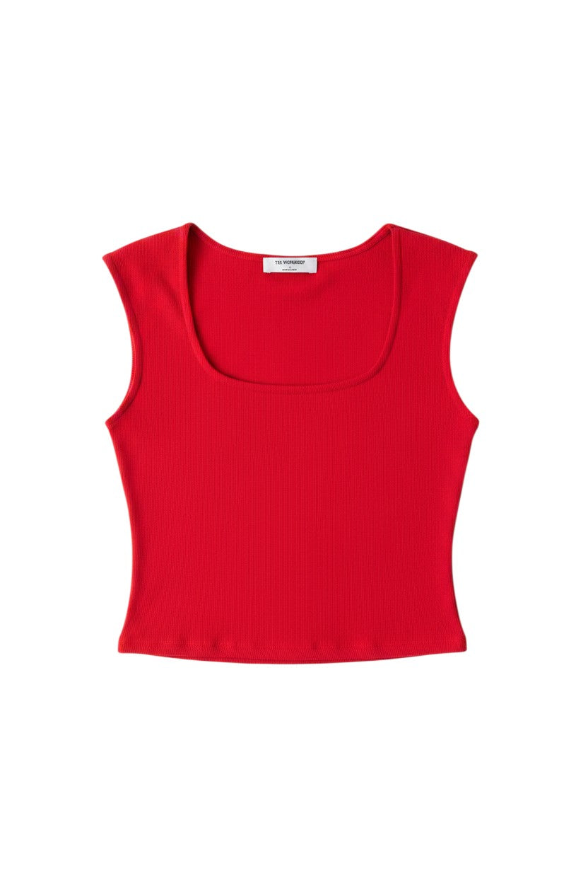 Yanet Collection Shop vibrant red sleeveless crop top with a square neckline and ribbed texture.