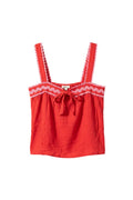Yanet Collection Shop red sleeveless tank top with pink scalloped trim and a front tie detail