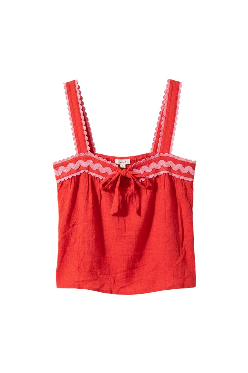 Yanet Collection Shop red sleeveless tank top with pink scalloped trim and a front tie detail