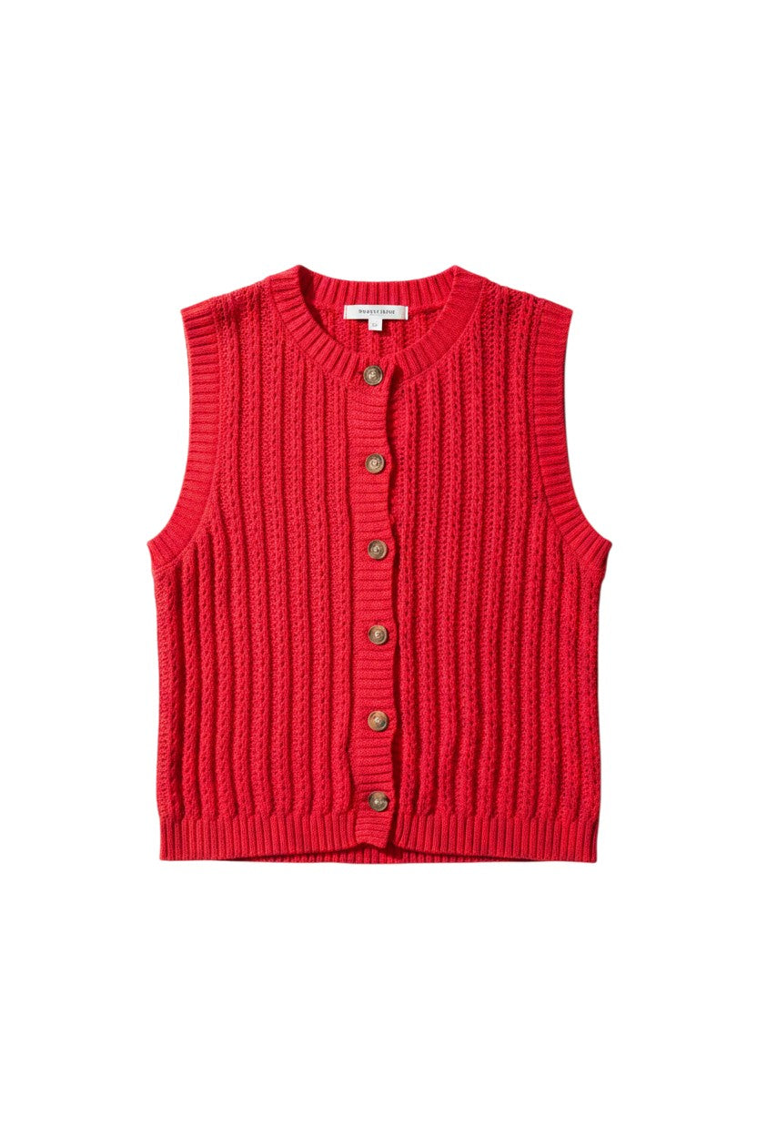 Yanet Collection Shop red sleeveless knit cardigan with a button-up front and ribbed texture.