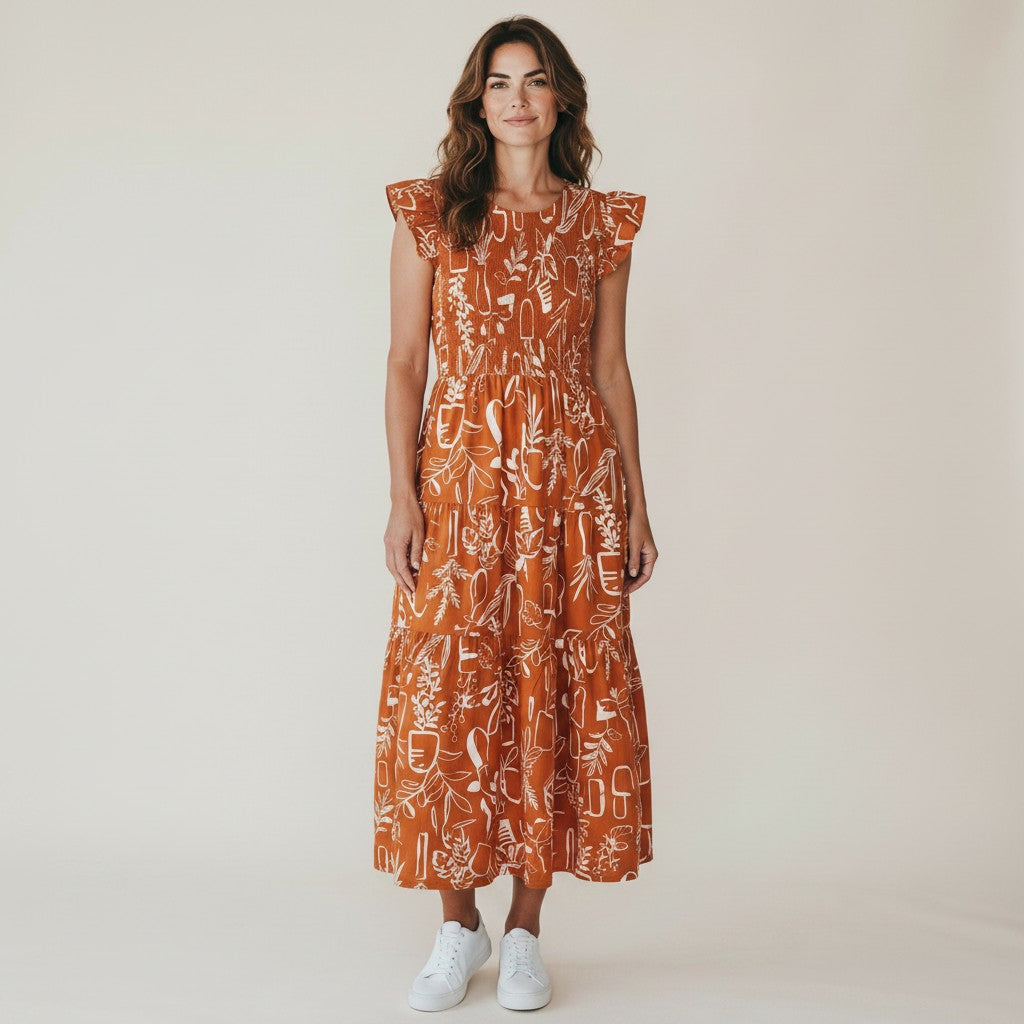 Model wearing a Yanet Collection Shop rust maxi dress with white floral print, flutter sleeves, and gathered waist.