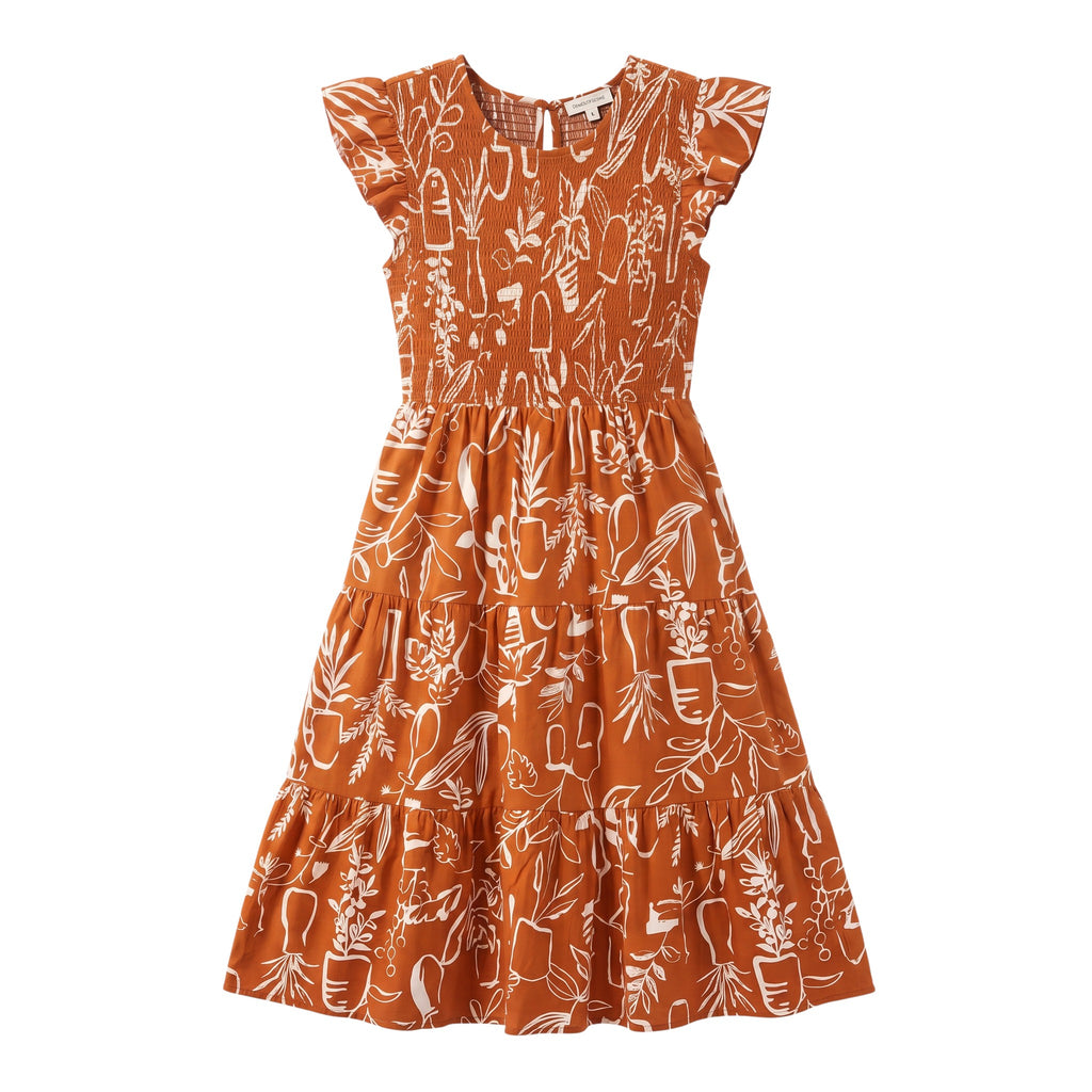 Yanet Collection Shop rust maxi dress with white floral print, flutter sleeves, and a smocked gathered waist.