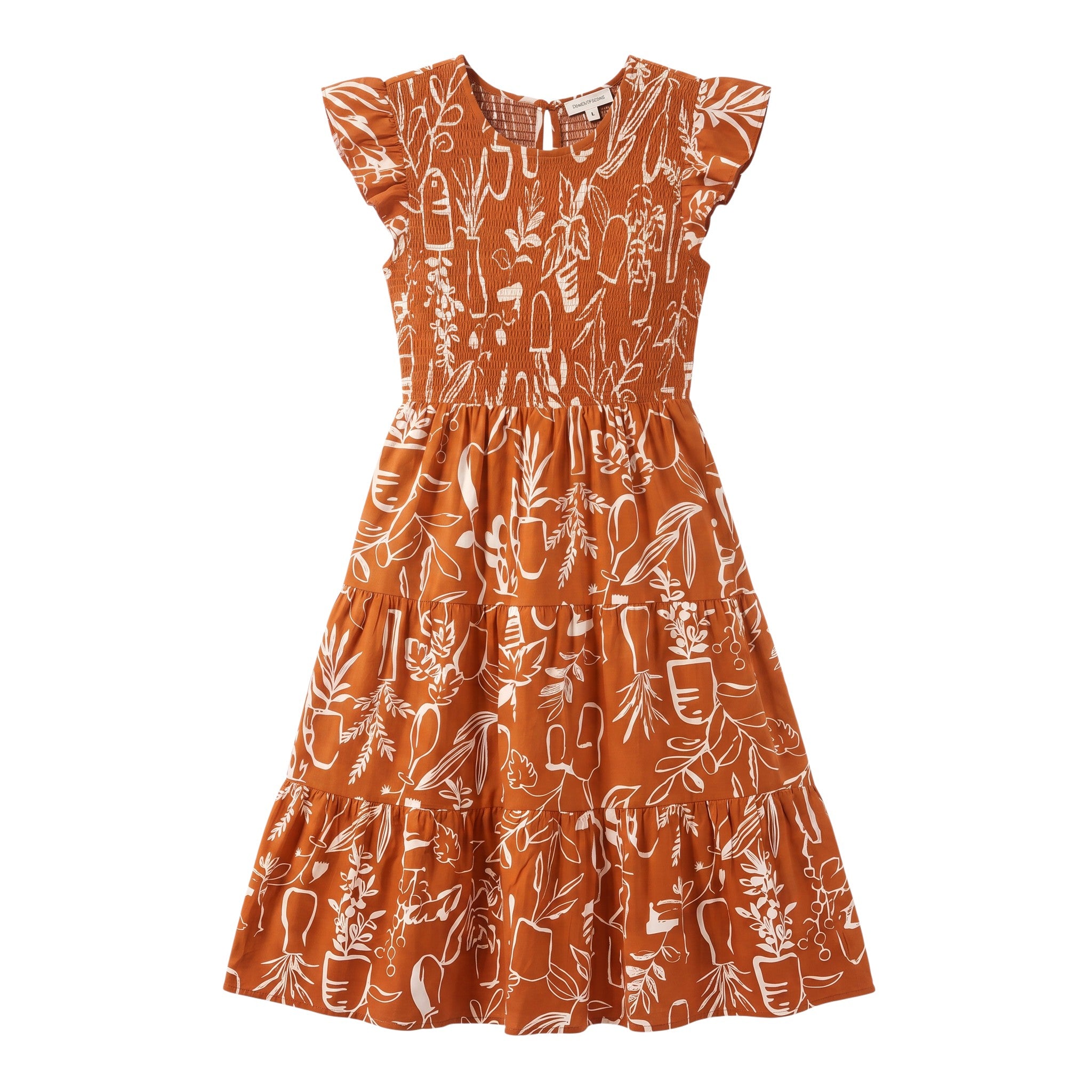 Yanet Collection Shop rust maxi dress with white floral print, flutter sleeves, and a smocked gathered waist.