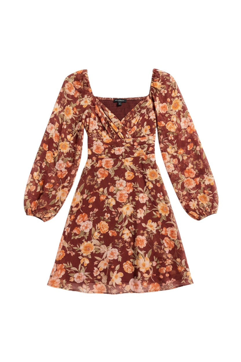 Yanet Collection Shop rust floral long sleeve mini dress with a square neckline and textured fabric.