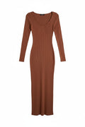 Yanet Collection Shop rust ribbed long-sleeve maxi dress with a scoop neckline and body-hugging silhouette.