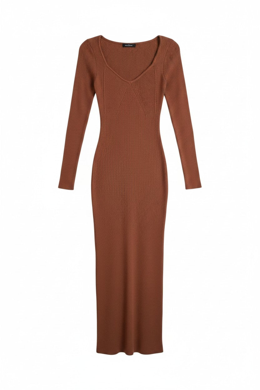 Yanet Collection Shop rust ribbed long-sleeve maxi dress with a scoop neckline and body-hugging silhouette.