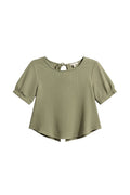 Yanet Collection Shop sage green textured crop top with short sleeves and a tie detail at the back neckline