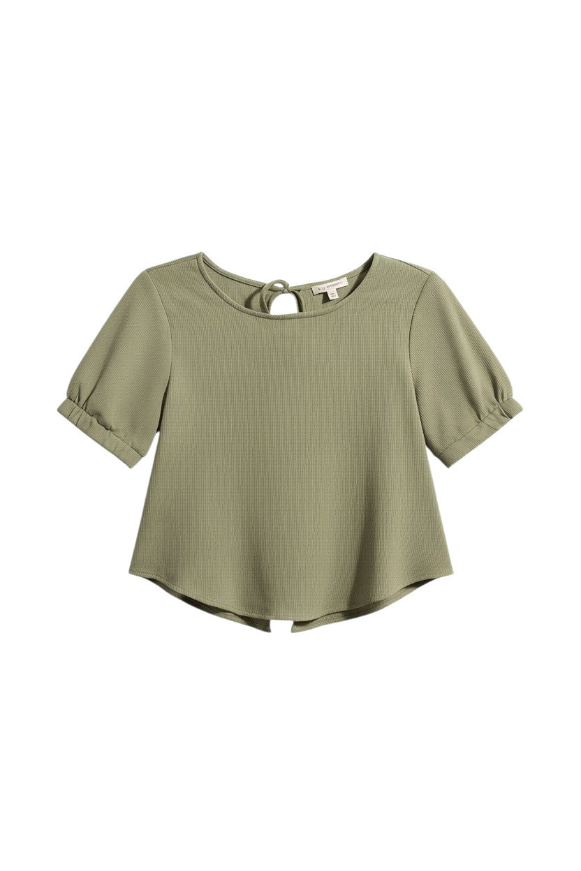 Yanet Collection Shop sage green textured crop top with short sleeves and a tie detail at the back neckline