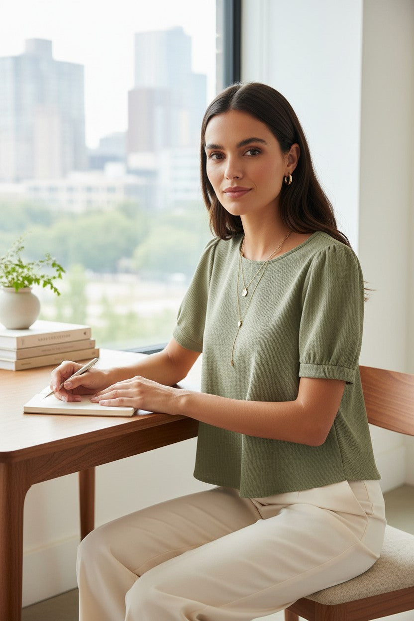 Yanet Collection Shop sage green short sleeve textured crop top with tie detail worn by a woman at a desk