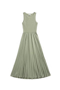 Yanet Collection Shop sage green sleeveless maxi dress with a ribbed bodice and a pleated flared skirt.