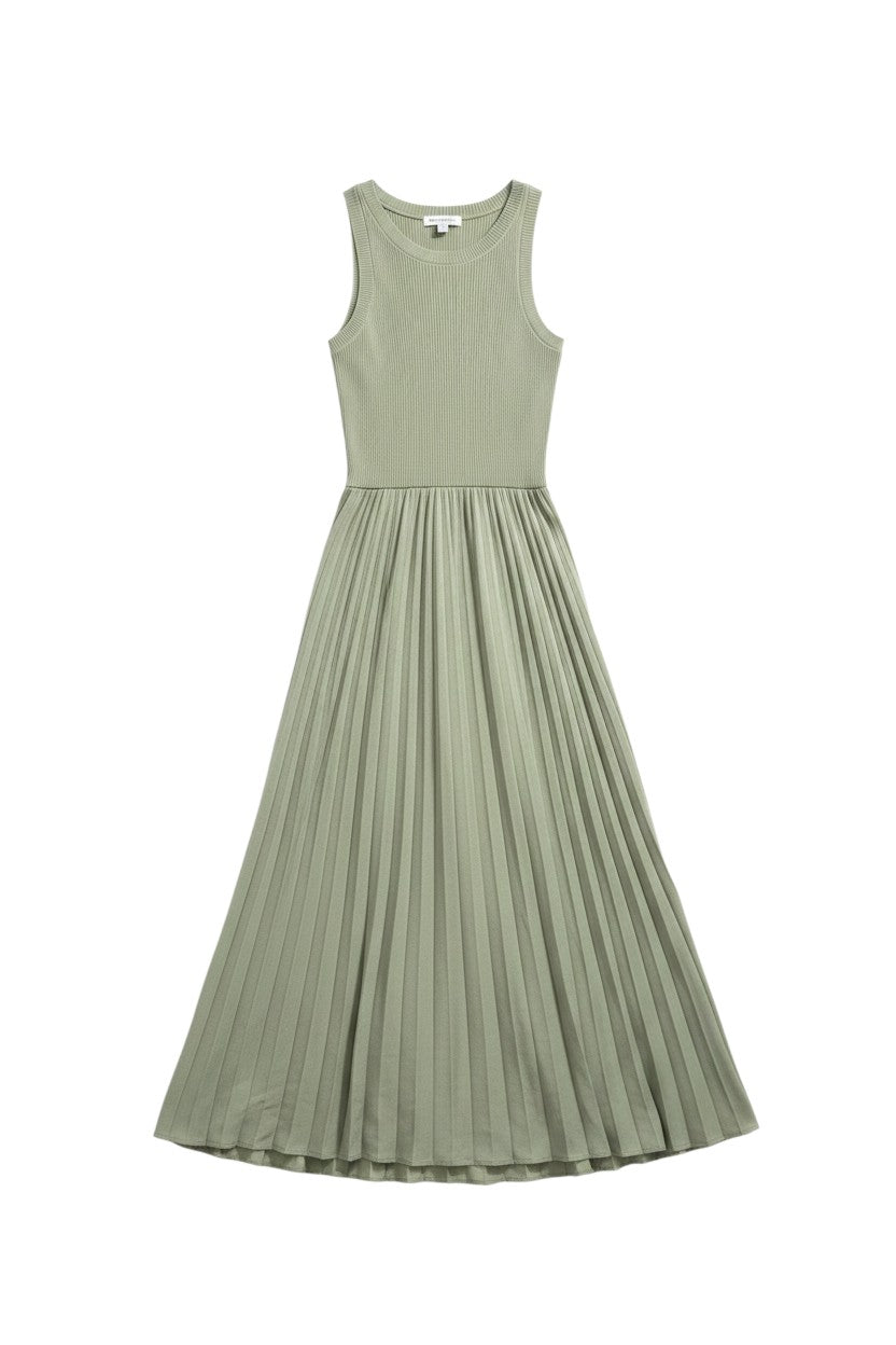 Yanet Collection Shop sage green sleeveless maxi dress with a ribbed bodice and a pleated flared skirt.