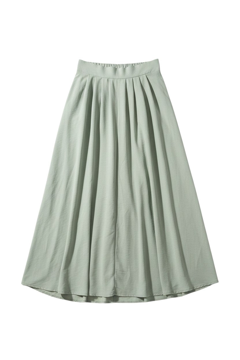 Yanet Collection Shop sage green high-waist pleated maxi skirt with a flowy, lightweight silhouette.