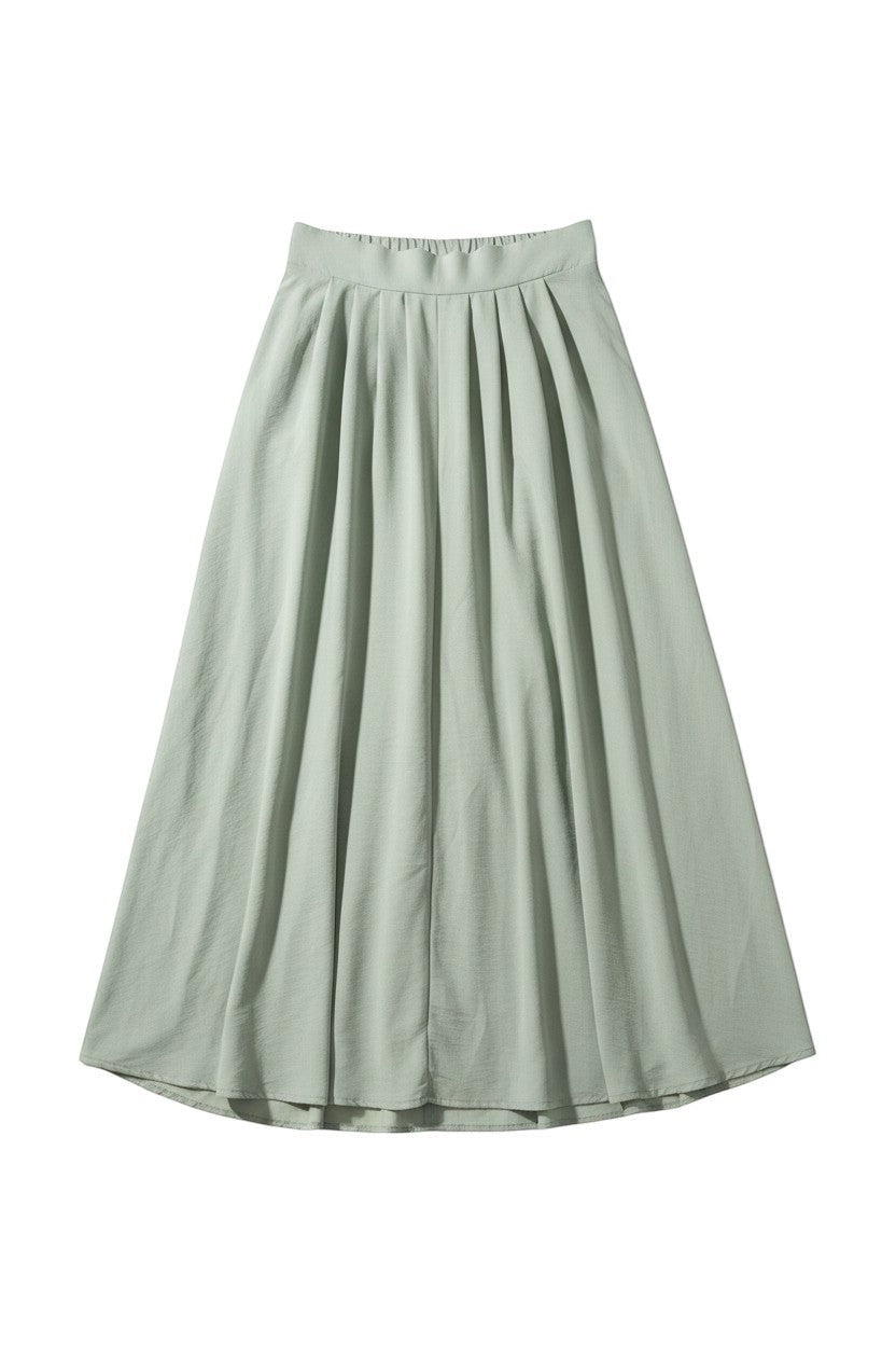 Yanet Collection Shop sage green high-waist pleated maxi skirt with a flowy, lightweight silhouette.