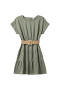 Yanet Collection Shop sage short sleeve tiered dress with a woven belted waist and relaxed fit.