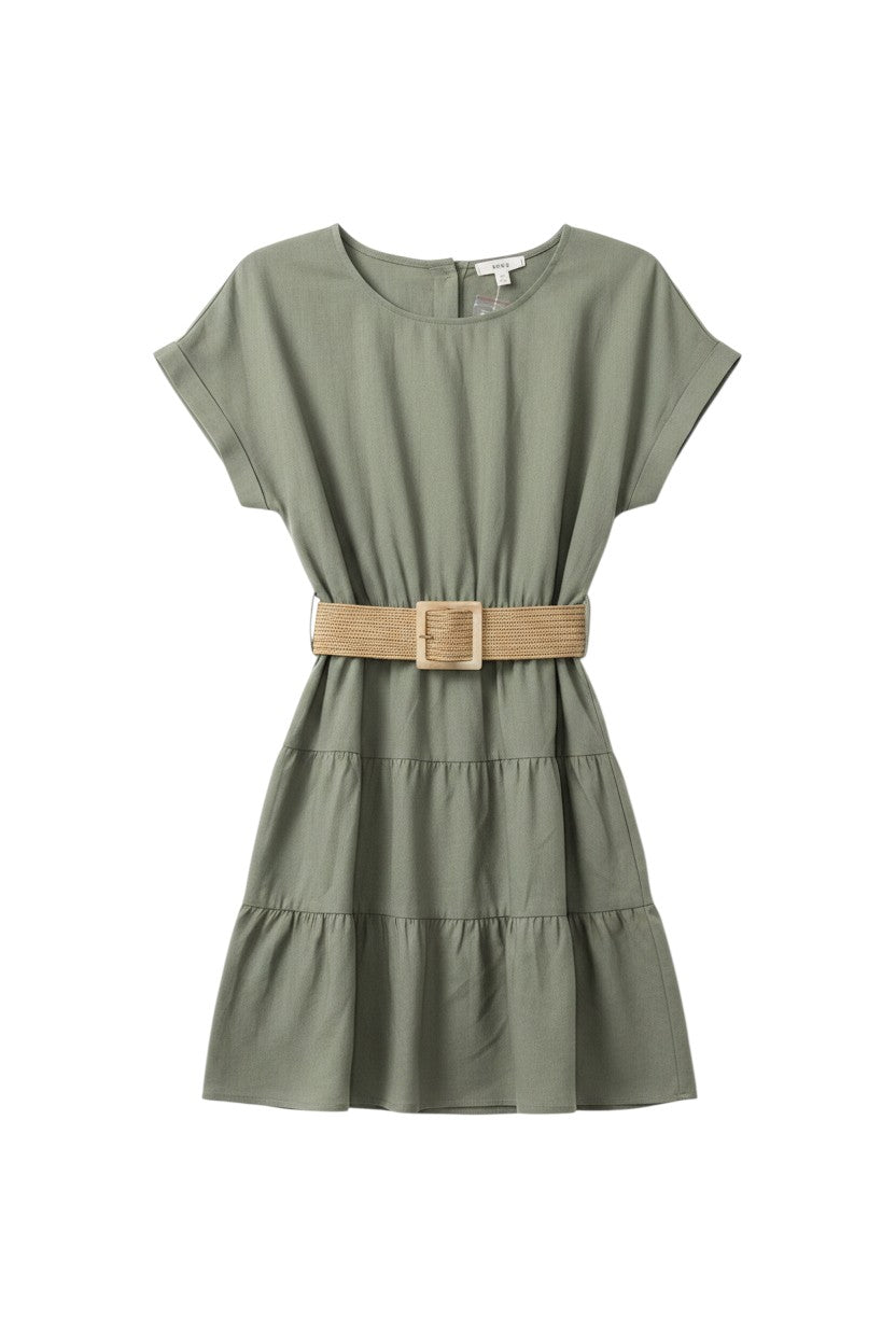Yanet Collection Shop sage short sleeve tiered dress with a woven belted waist and relaxed fit.