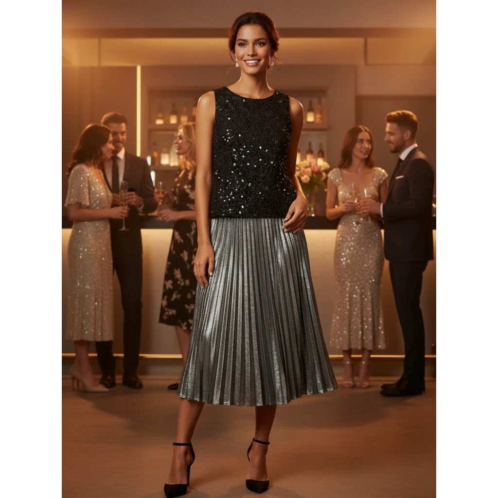 Yanet Collection Shop woman wearing a black sequin sleeveless top and a metallic silver pleated midi skirt at a party
