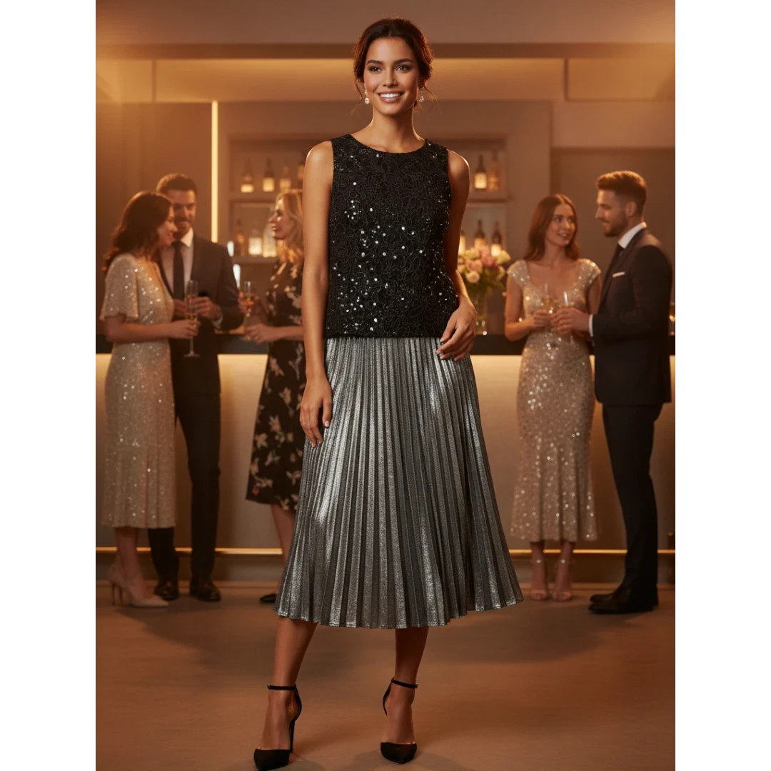 Yanet Collection Shop woman wearing a black sequin sleeveless top and a metallic silver pleated midi skirt at a party