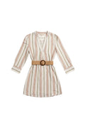 Yanet Collection Shop pink and green striped long sleeve dress with a v-neckline and a woven belt at the waist.
