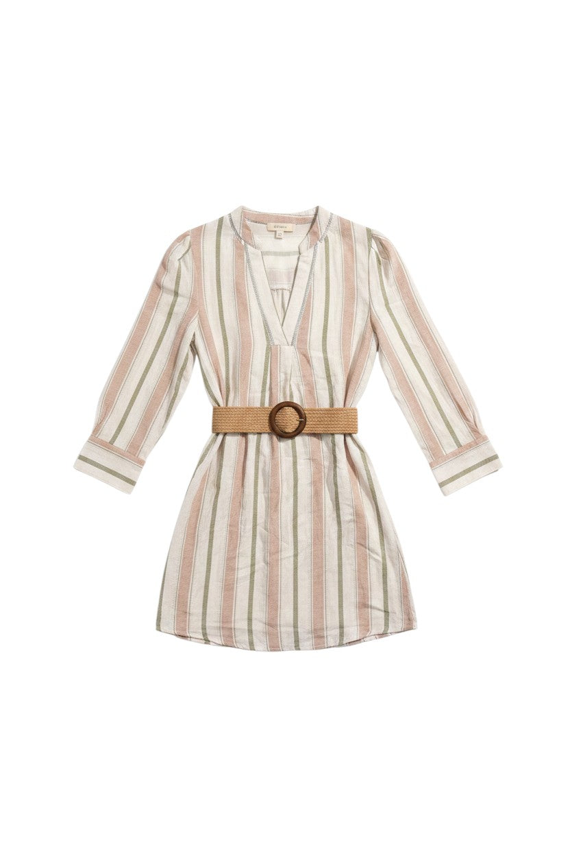 Yanet Collection Shop pink and green striped long sleeve dress with a v-neckline and a woven belt at the waist.