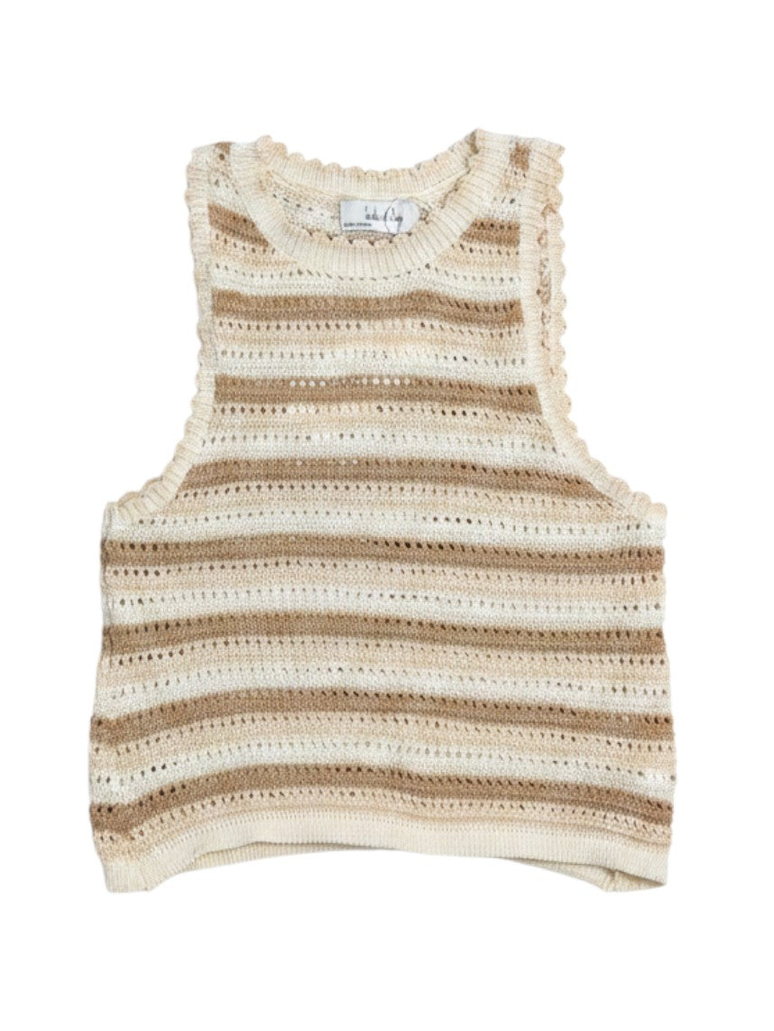 Yanet Collection Shop sleeveless knit tank top in beige and white stripes with a scalloped trim neckline.