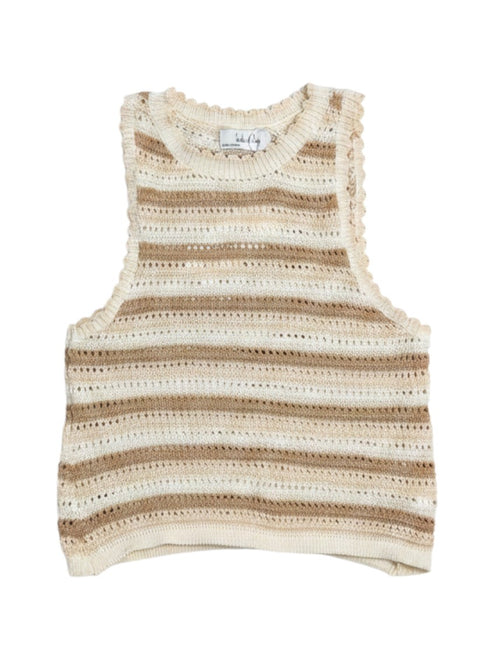 Yanet Collection Shop sleeveless knit tank top in beige and white stripes with a scalloped trim neckline.