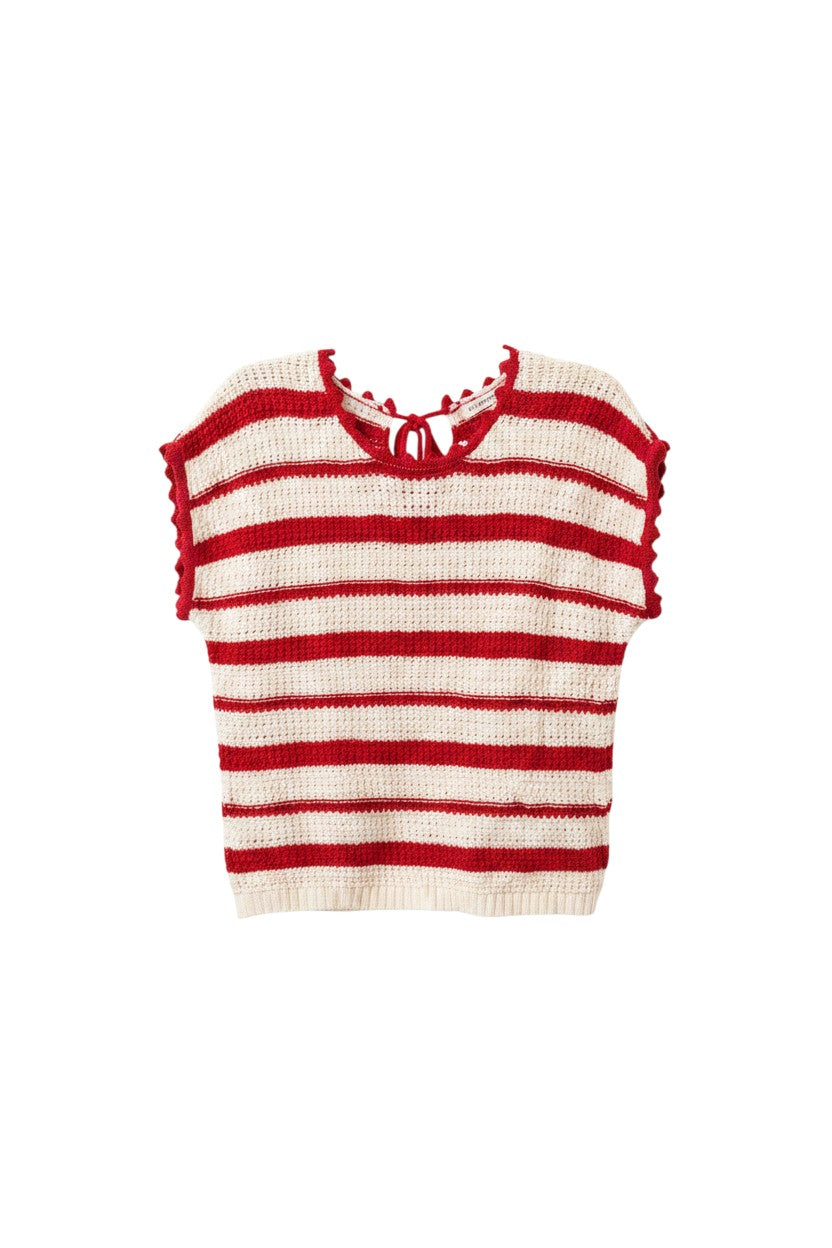 Yanet Collection Shop red and white striped knit sleeveless top with scalloped trim and back tie closure