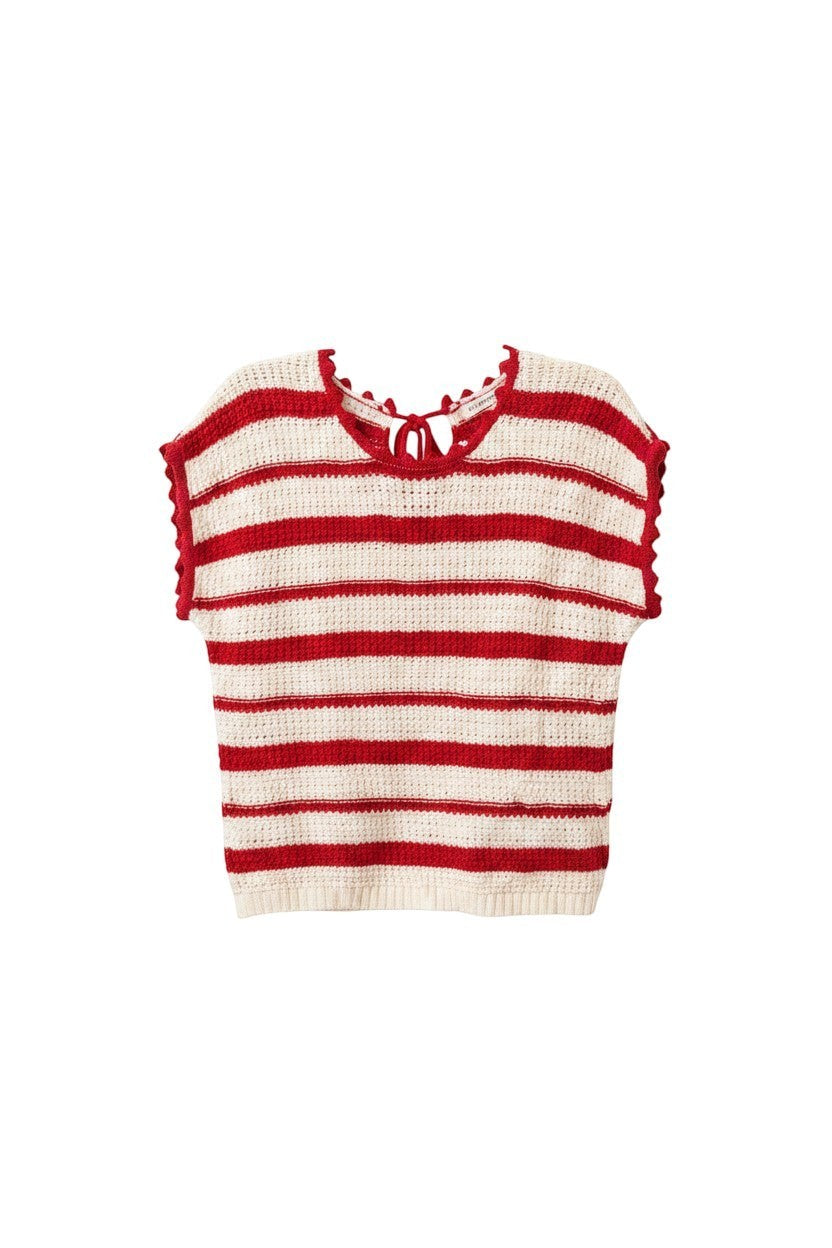Yanet Collection Shop red and white striped knit sleeveless top with scalloped trim and back tie closure