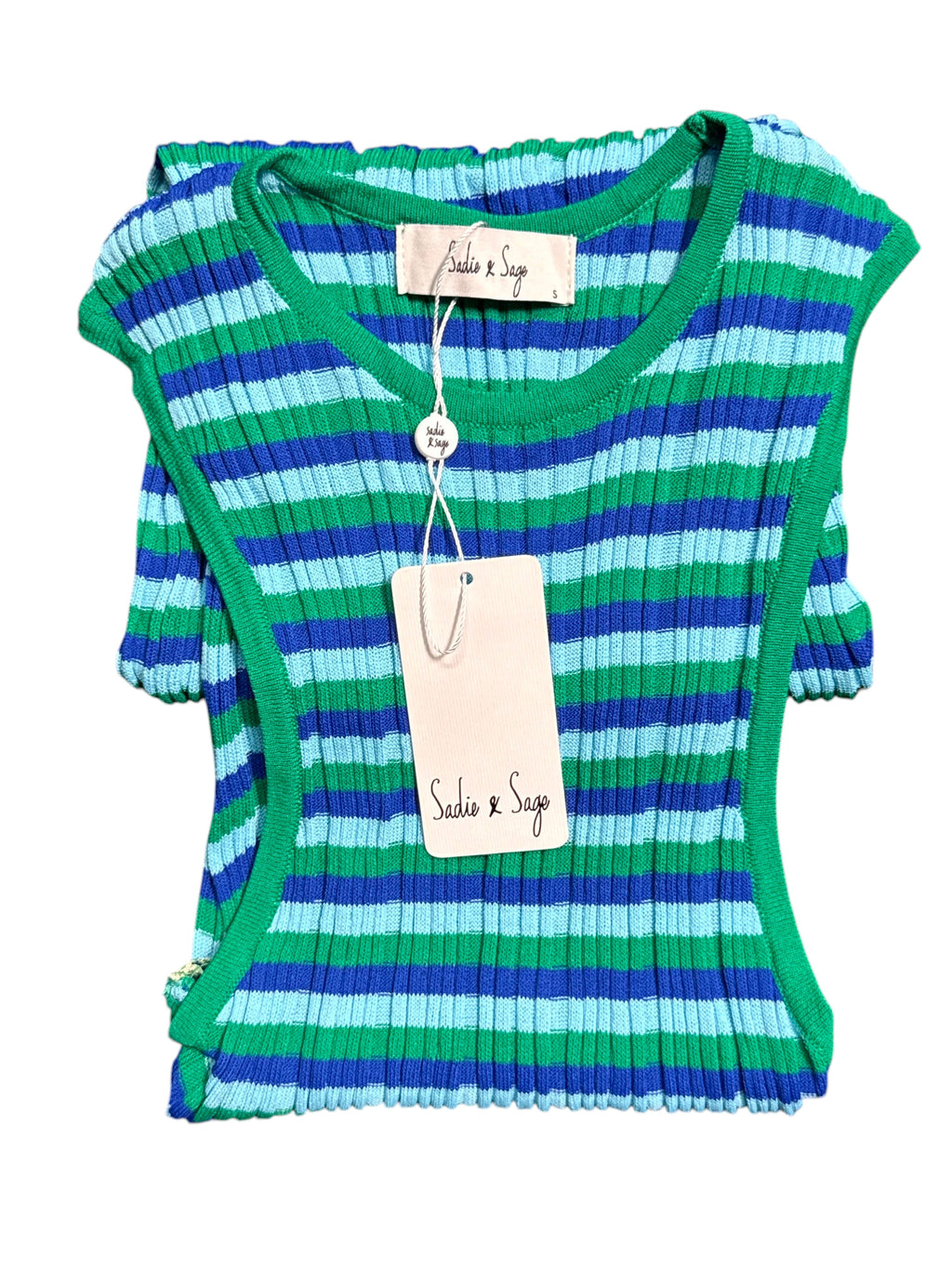 Yanet Collection Shop striped ribbed knit top in blue and green with Sadio & Sage brand tags