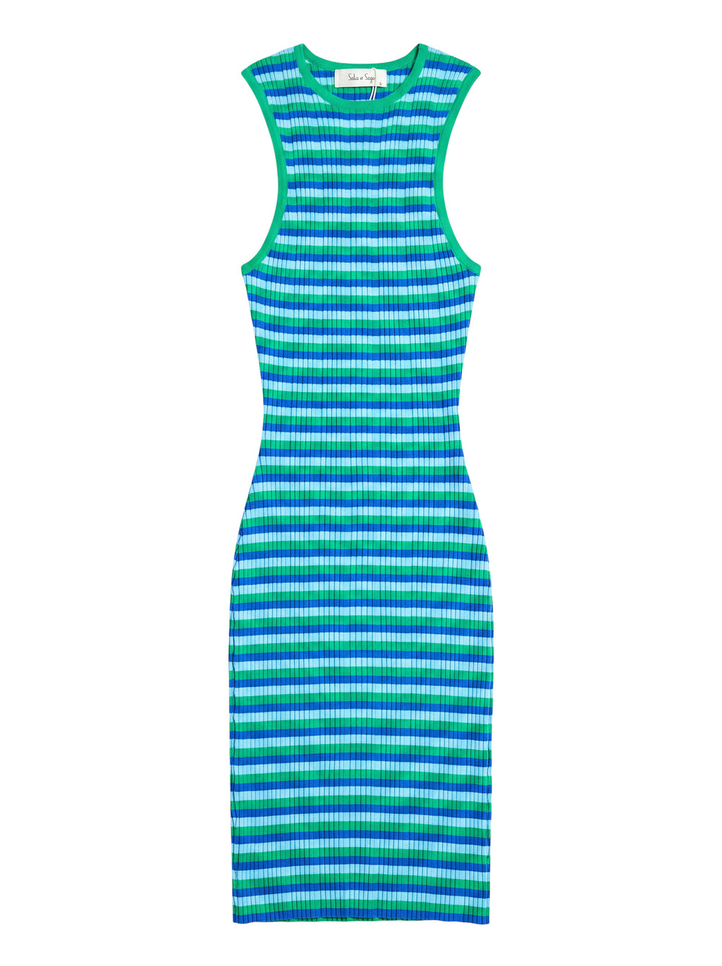 Yanet Collection Shop sleeveless ribbed midi dress featuring horizontal blue, green, and light blue stripes.