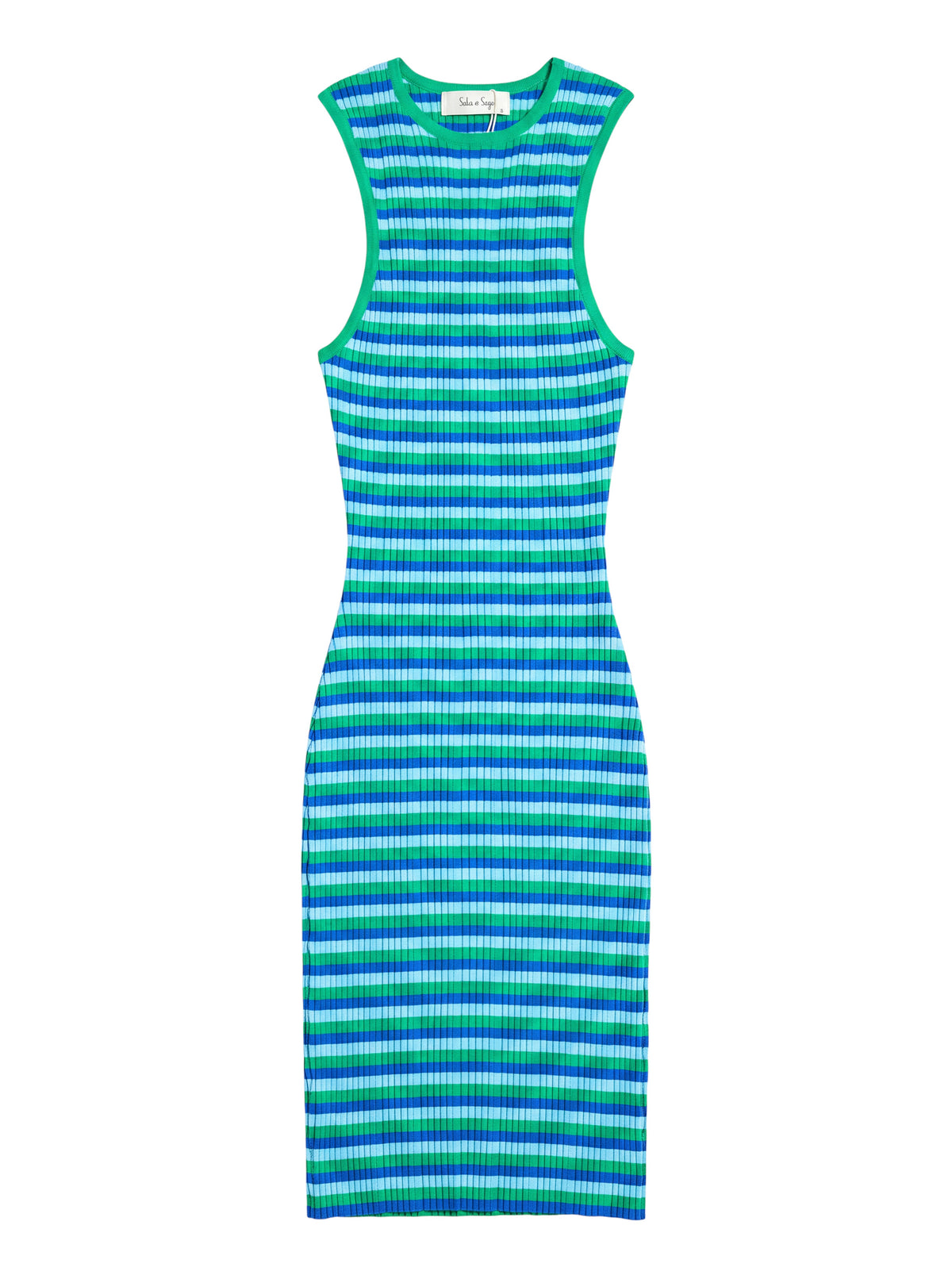 Yanet Collection Shop sleeveless ribbed midi dress featuring horizontal blue, green, and light blue stripes.