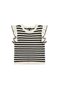 Yanet Collection Shop black and white striped knit top with ruffle sleeves and a crew neckline on a white background.