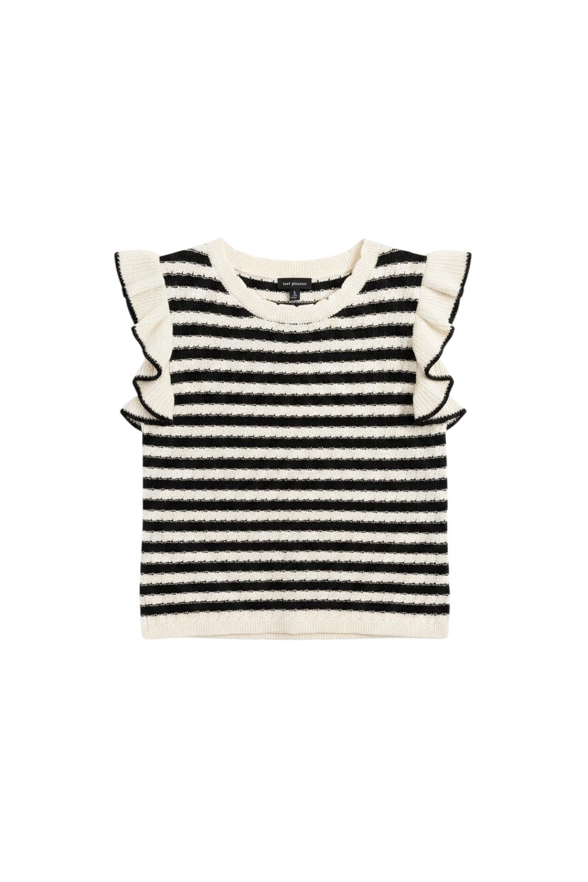 Yanet Collection Shop black and white striped knit top with ruffle sleeves and a crew neckline on a white background.