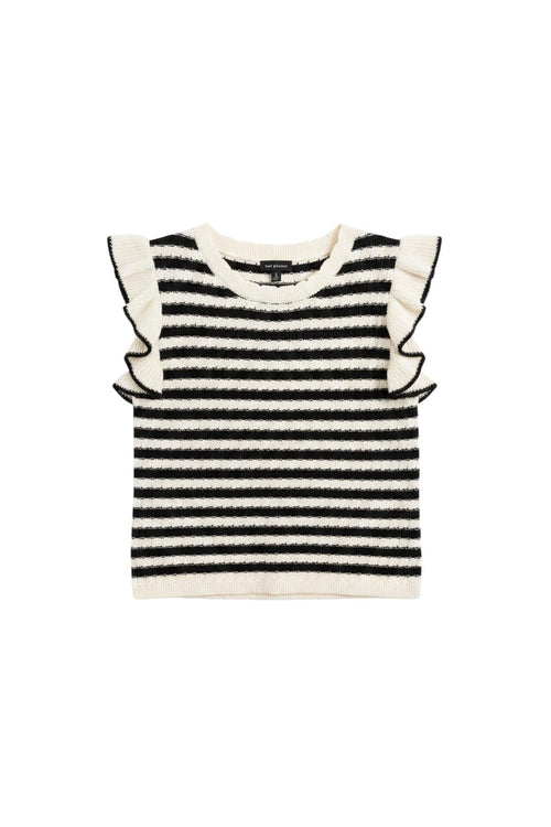 Yanet Collection Shop black and white striped knit top with ruffle sleeves and a crew neckline on a white background.
