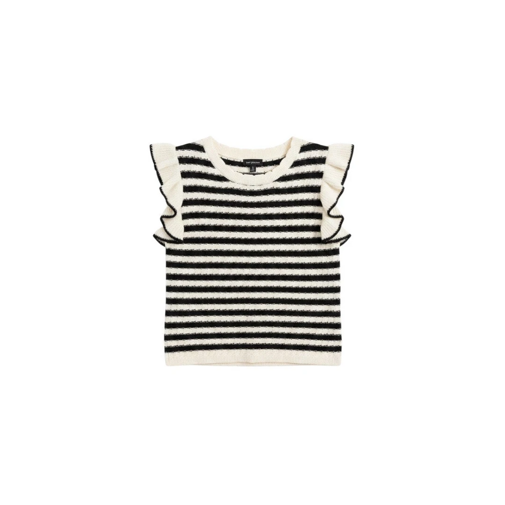 Yanet Collection Shop black and white striped knit top with ruffle sleeves and a crew neckline on a white background.
