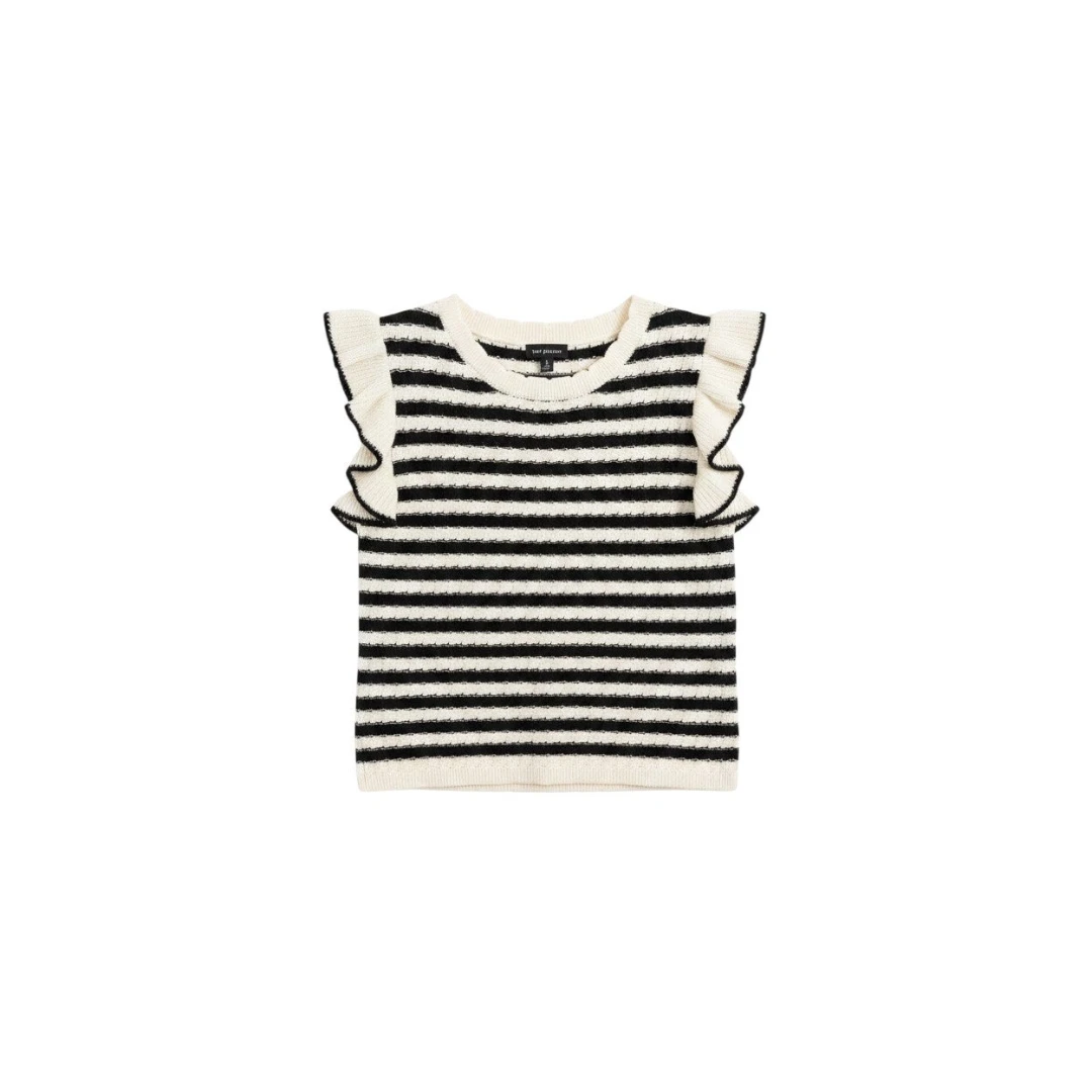 Yanet Collection Shop black and white striped knit top with ruffle sleeves and a crew neckline on a white background.