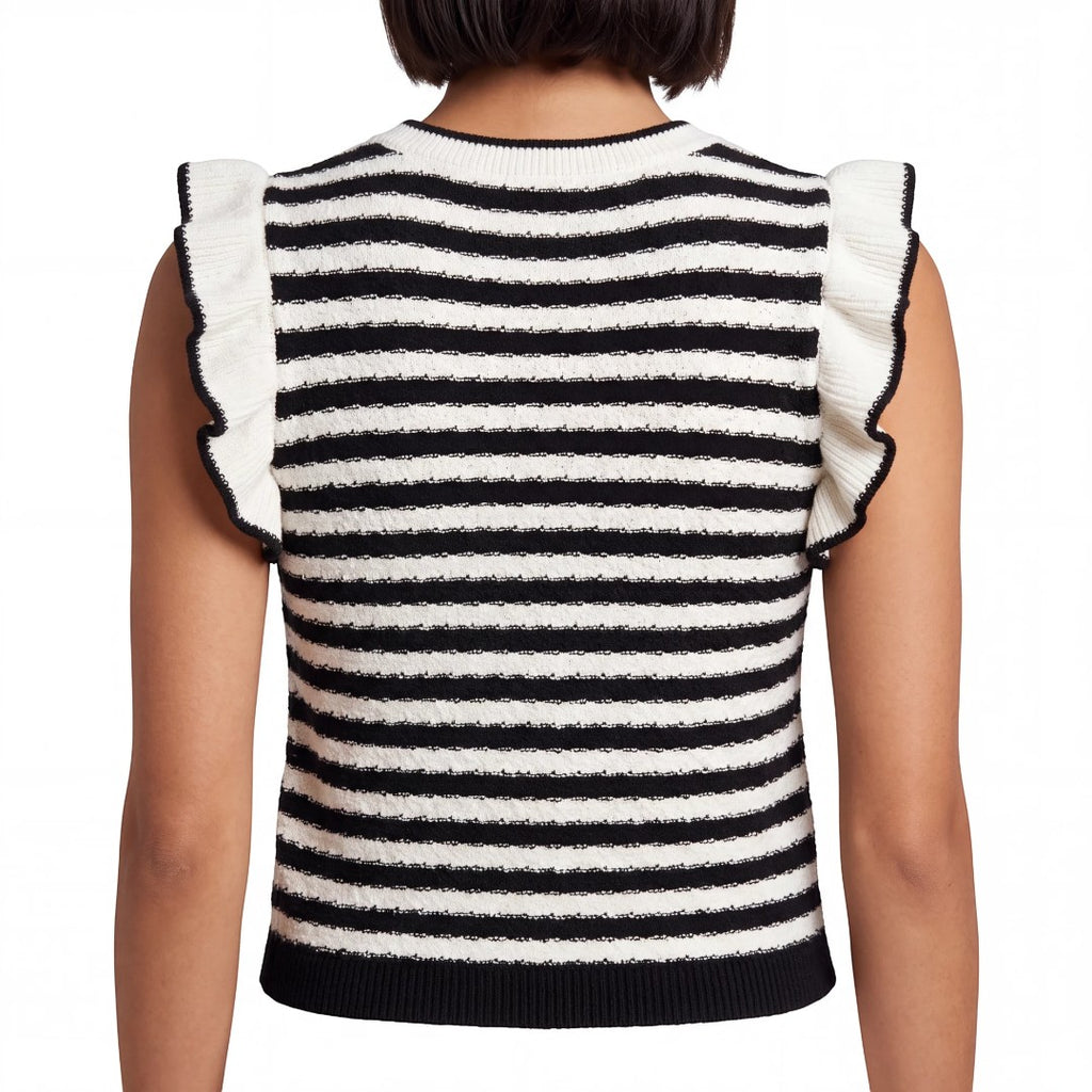 Back view of a Yanet Collection Shop black and white striped knit top featuring textured fabric and ruffle sleeves.