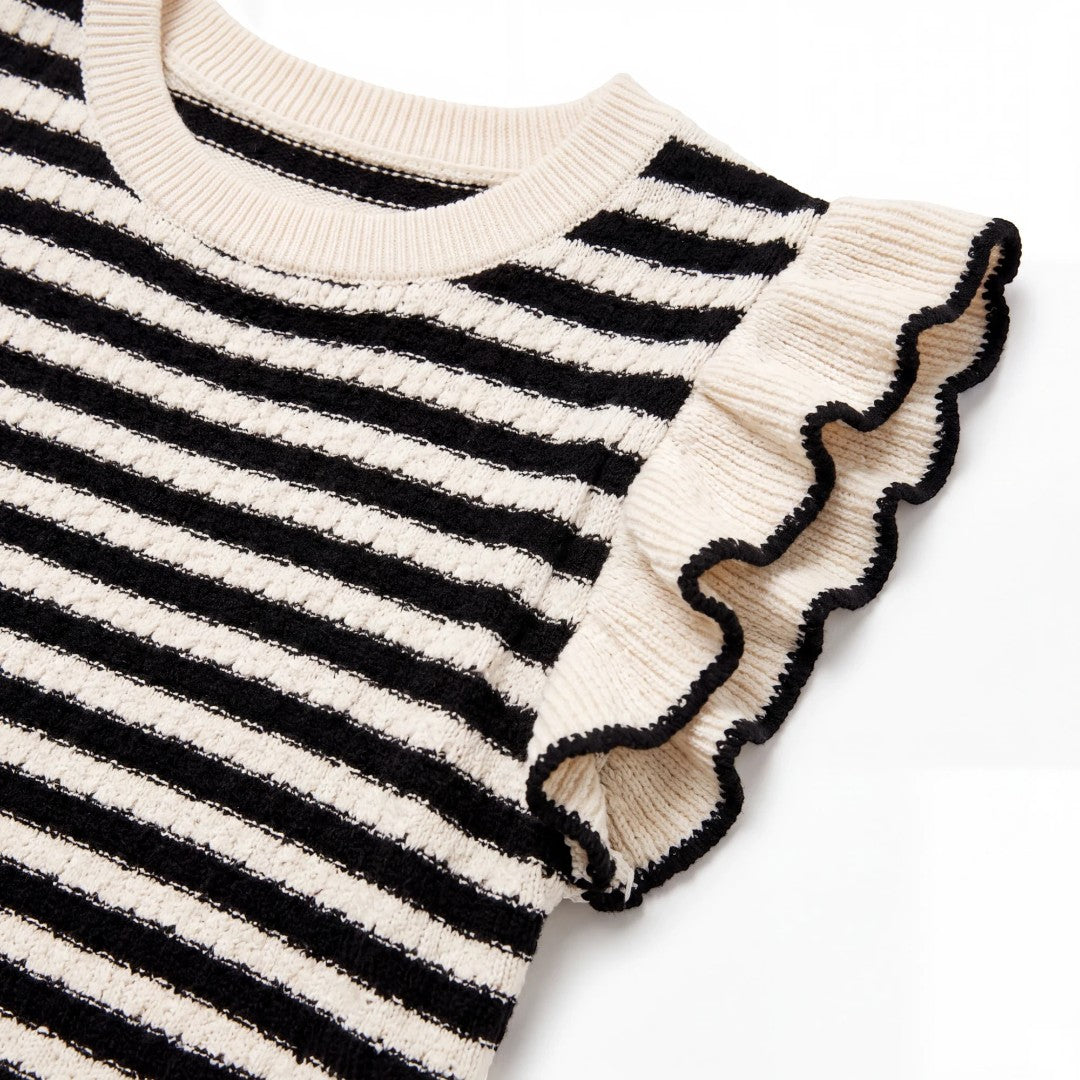 Yanet Collection Shop black and white striped knit top with textured fabric and ruffled short sleeves