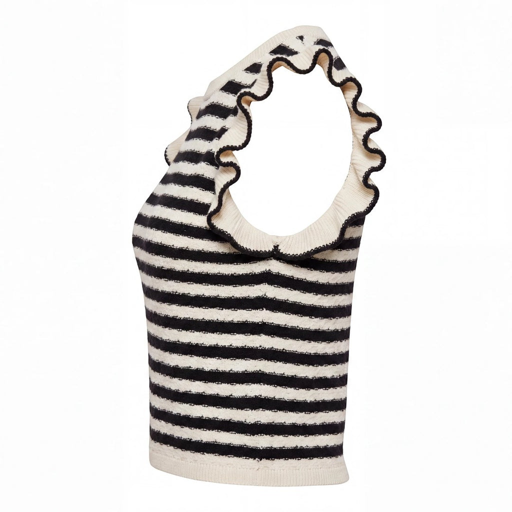 Yanet Collection Shop black and white striped knit top with ruffle sleeves and a crew neckline in a side view
